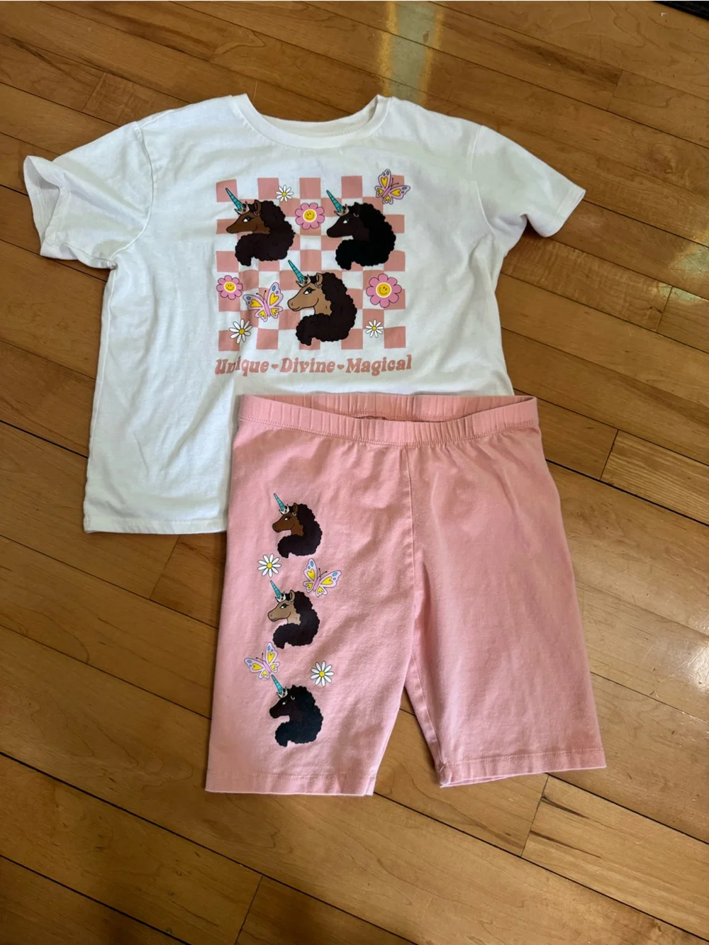 4/$12 Kids Unicorn Matching Set - White Top & Pink Shorts